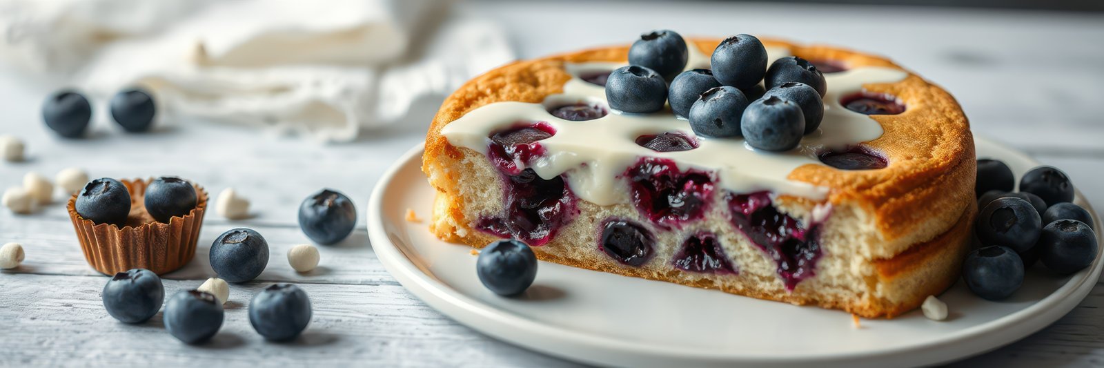 Delicious blueberry cake with creamy frosting served on a white plate at a cozy kitchen setting